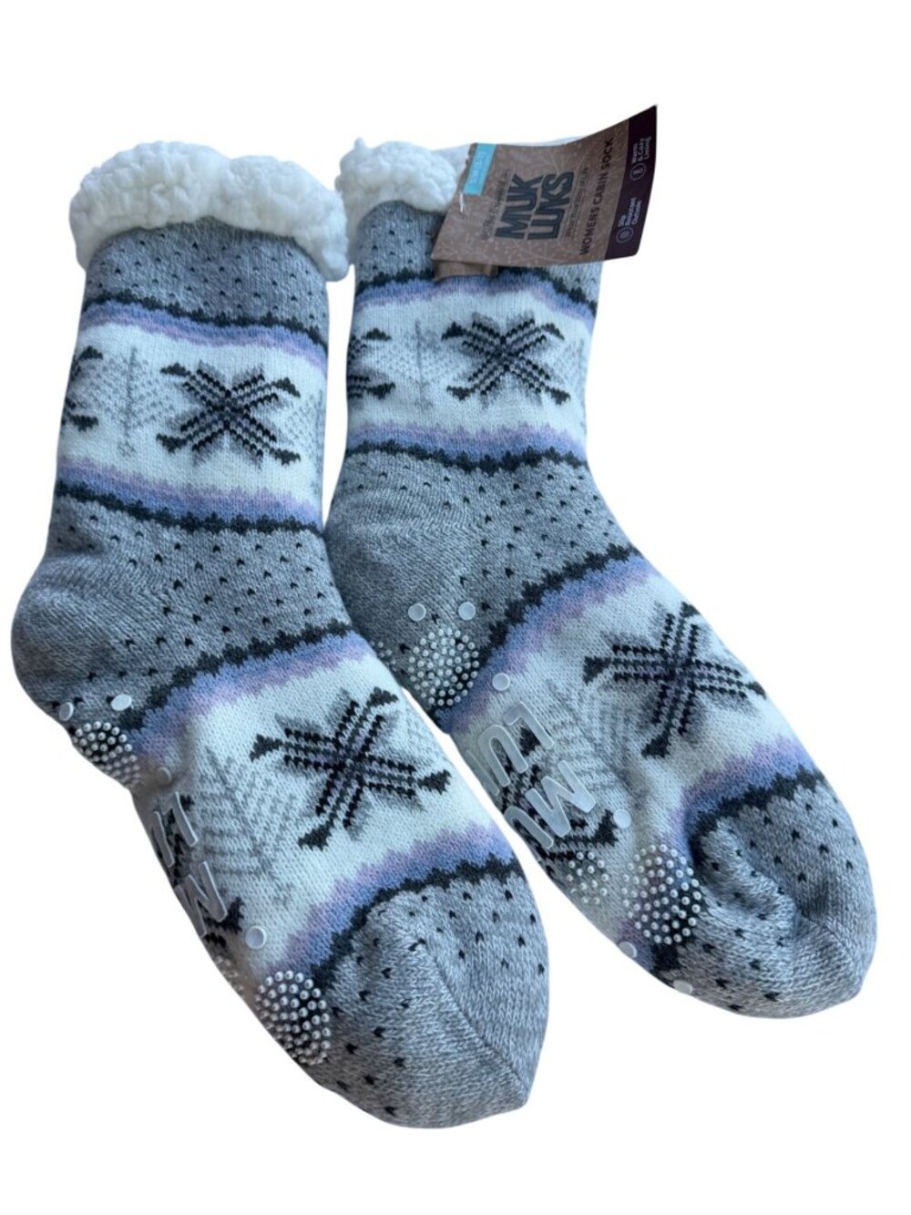 MUK LUKS Gray Fair Isle Women's Cabin Socks w/Non-Slip Grippers Size S/M (NWT)